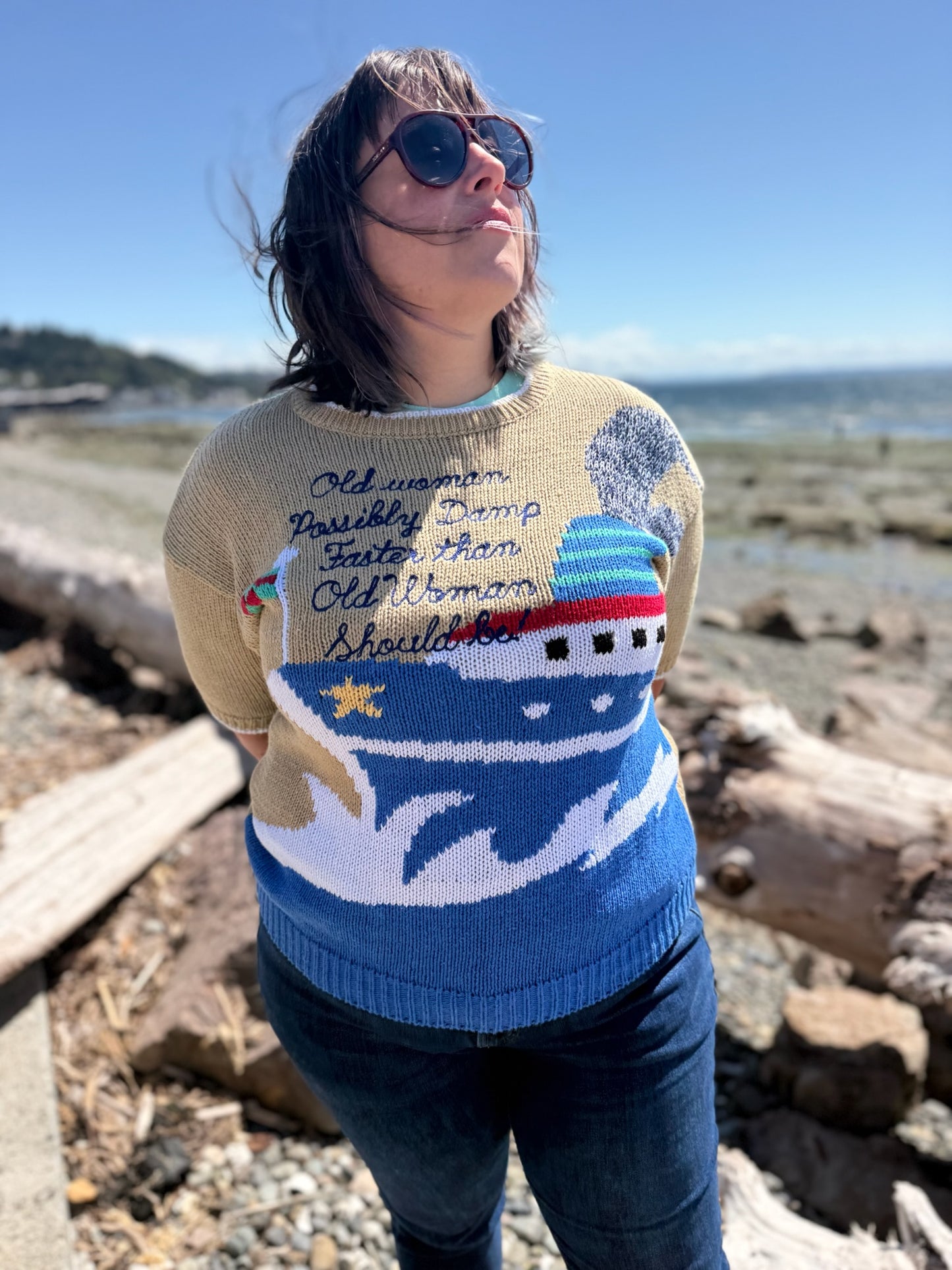 Sea Hag Note Vintage Ferry S/S Woven Sweater Top - MD