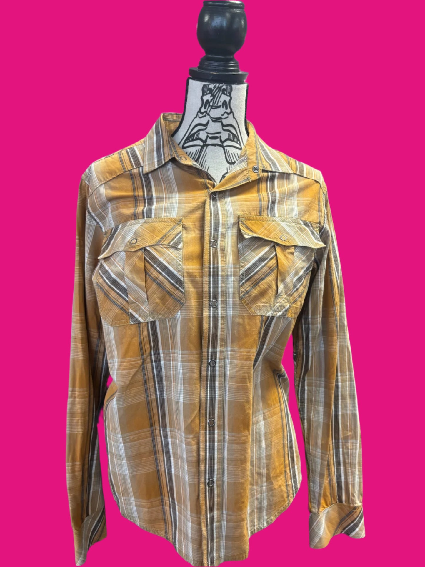 "Cowboygirl" Brown + Tan Pearl Snap Western Style Shirt	prAna	Mens Medium