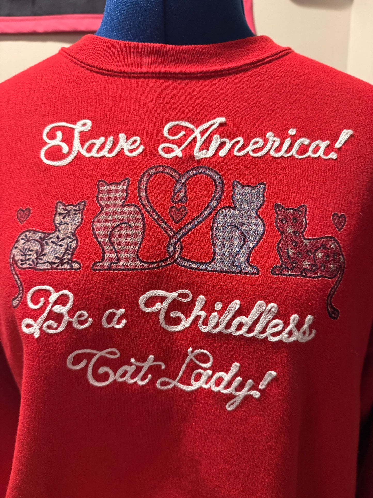 Save America! Be a Childless Cat Lady! Vintage Red Crewneck - LG