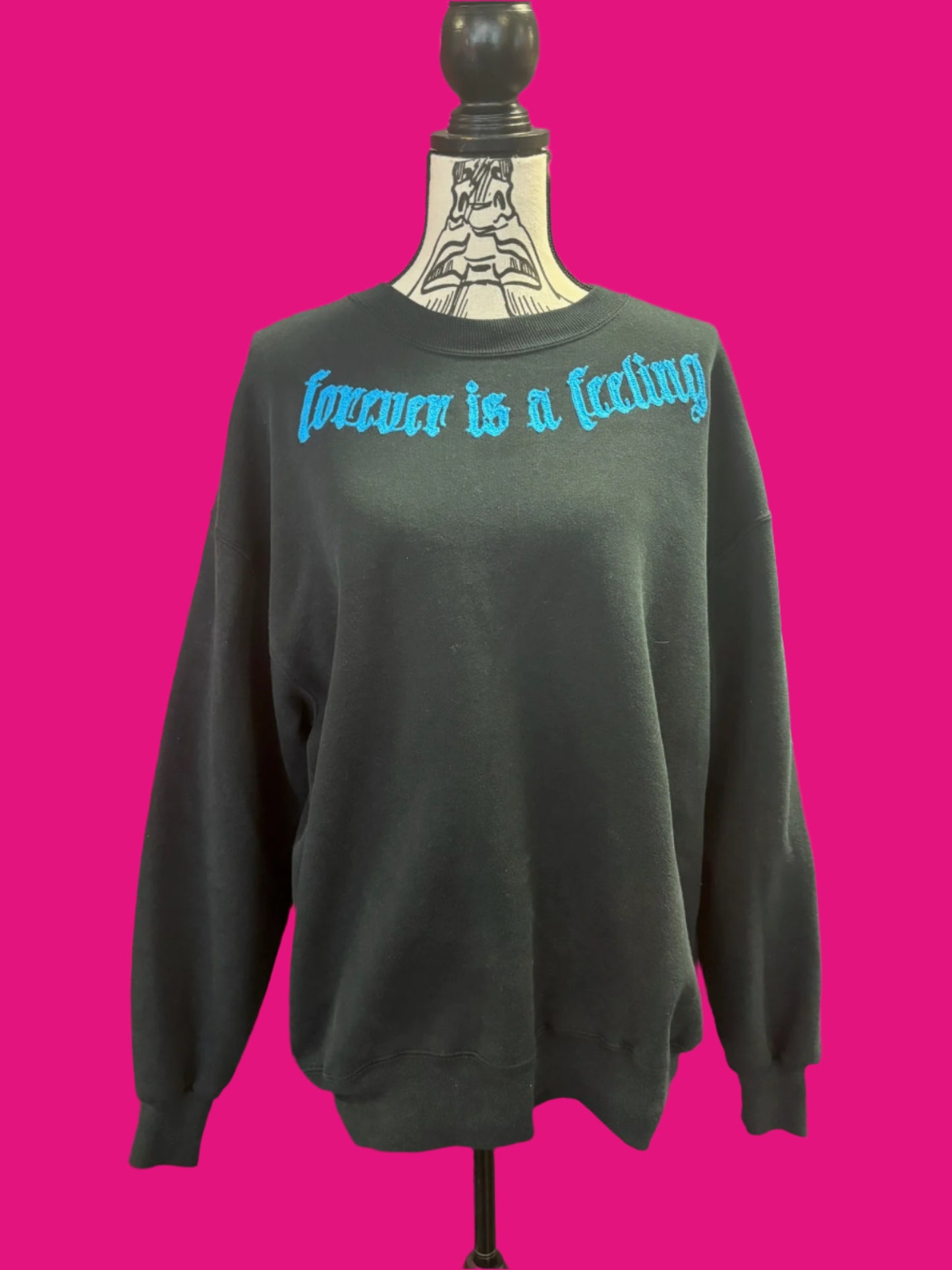 Vintage "Forever is a Feeling" Blue on Plain Black Crewneck