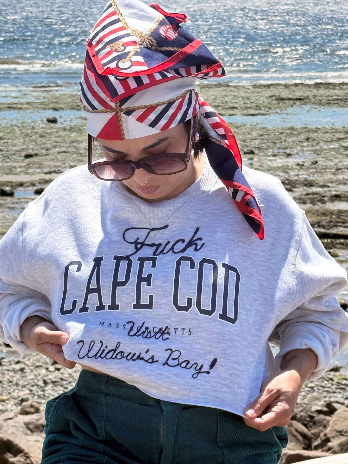 F*ck Cape Cod! Visit Widow's Bay! Gray Crewneck Crop Sweatshirt - LG