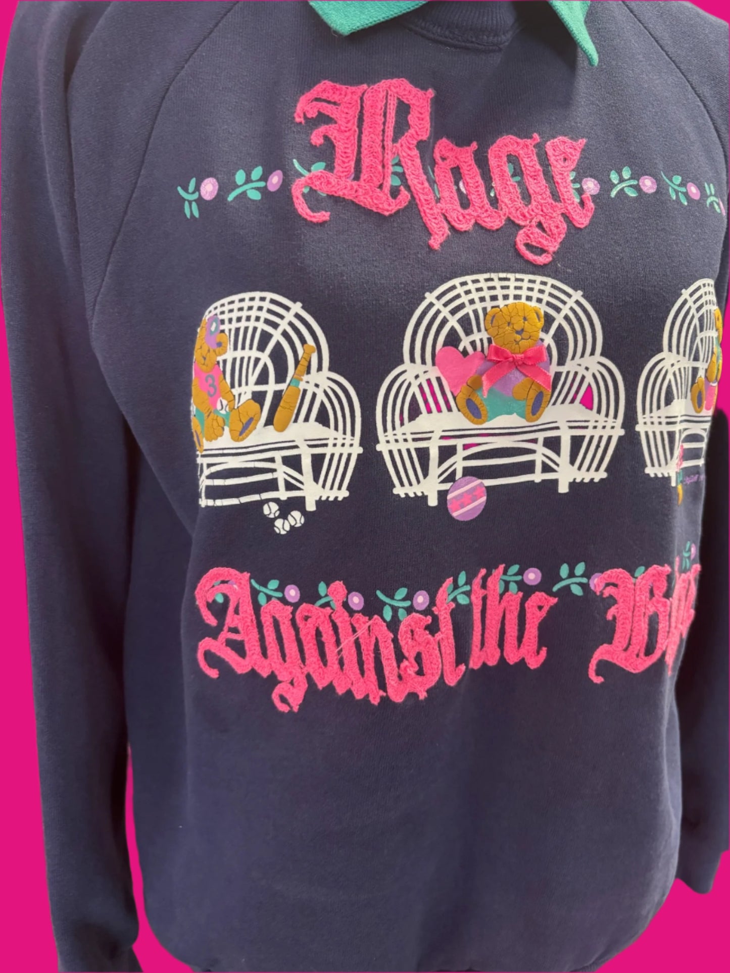 Vintage "Rage Against the Beige" Navy + Pink Bears Collared Crewneck