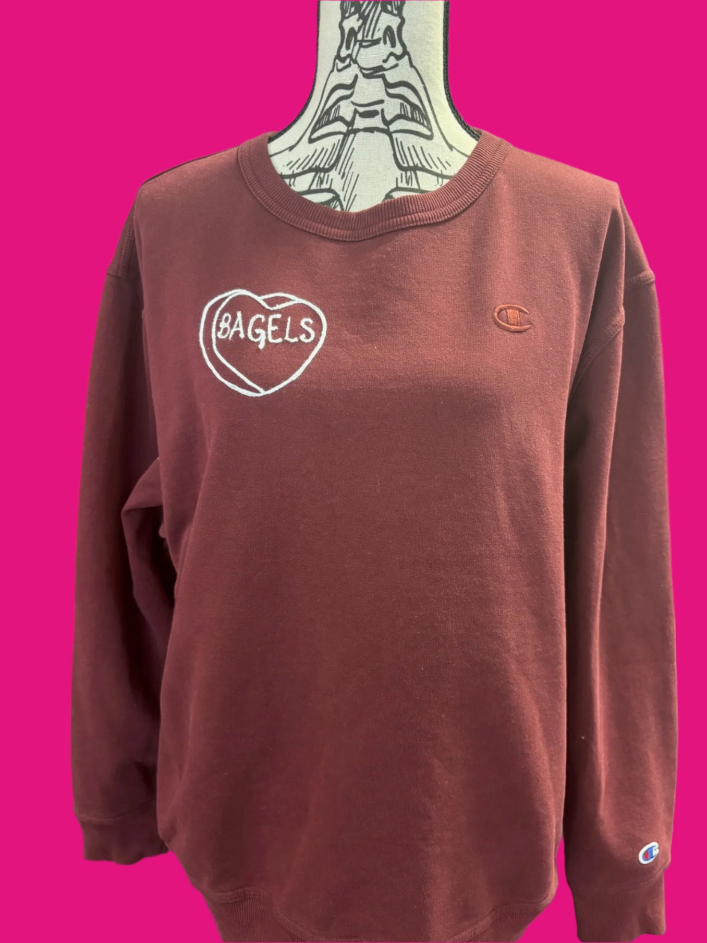 "Bagels" in Conversation Heart in Burgundy Crew