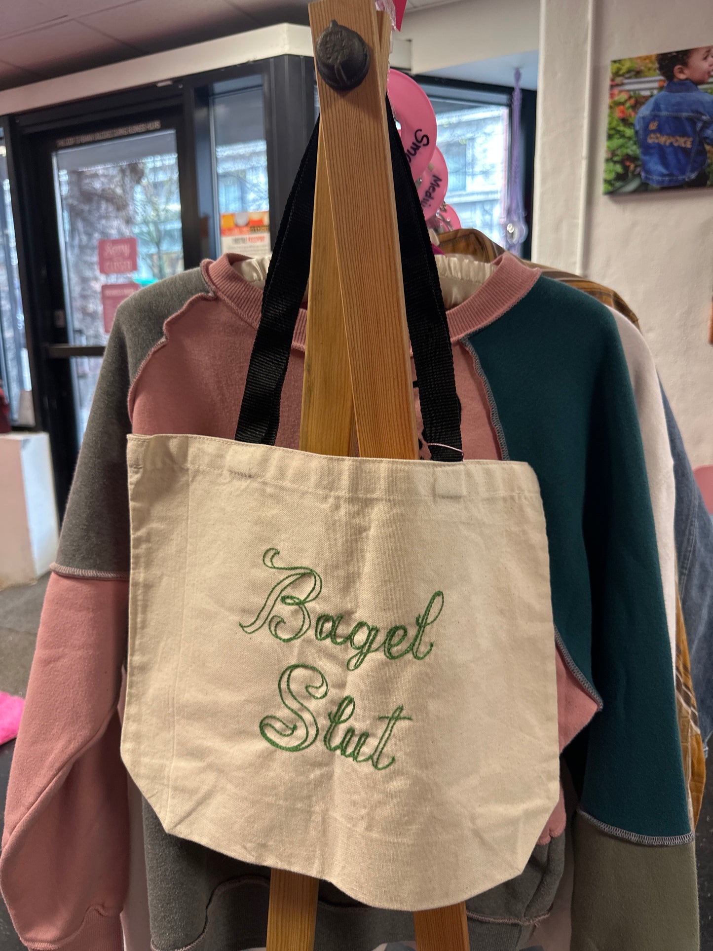 "Bagel Slut" Small Beige Tote with Black Handle