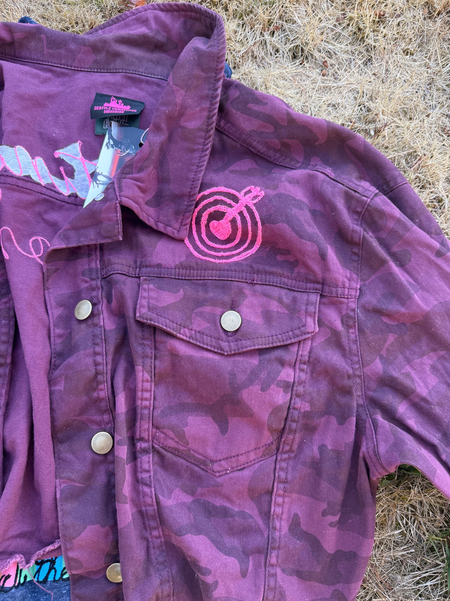 Cunting Season + Heart Target Purple + Pink Camo L/S Cropped Denim Jacket - XXL