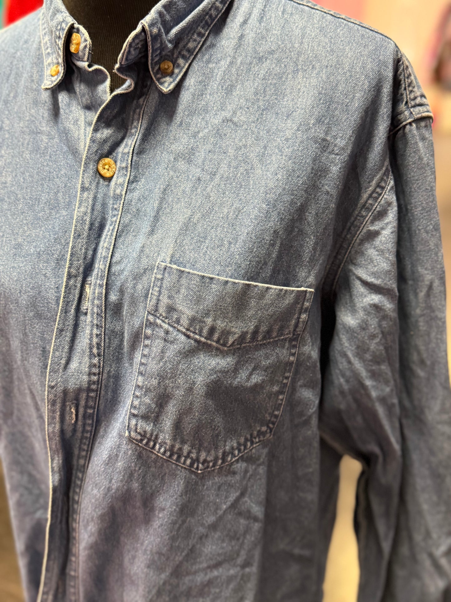 Blue Denim Long Sleeve Dickies Button-Up Collared Shirt Large