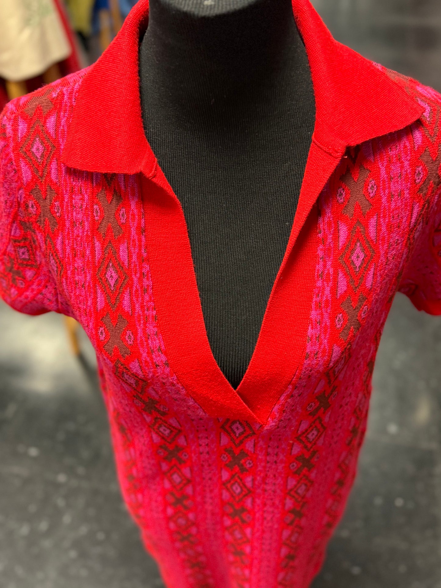 Mod Red + Brown Woven Wool Blend Geometric Short Sleeve Deep V Collared Pullover Dress Free People Small