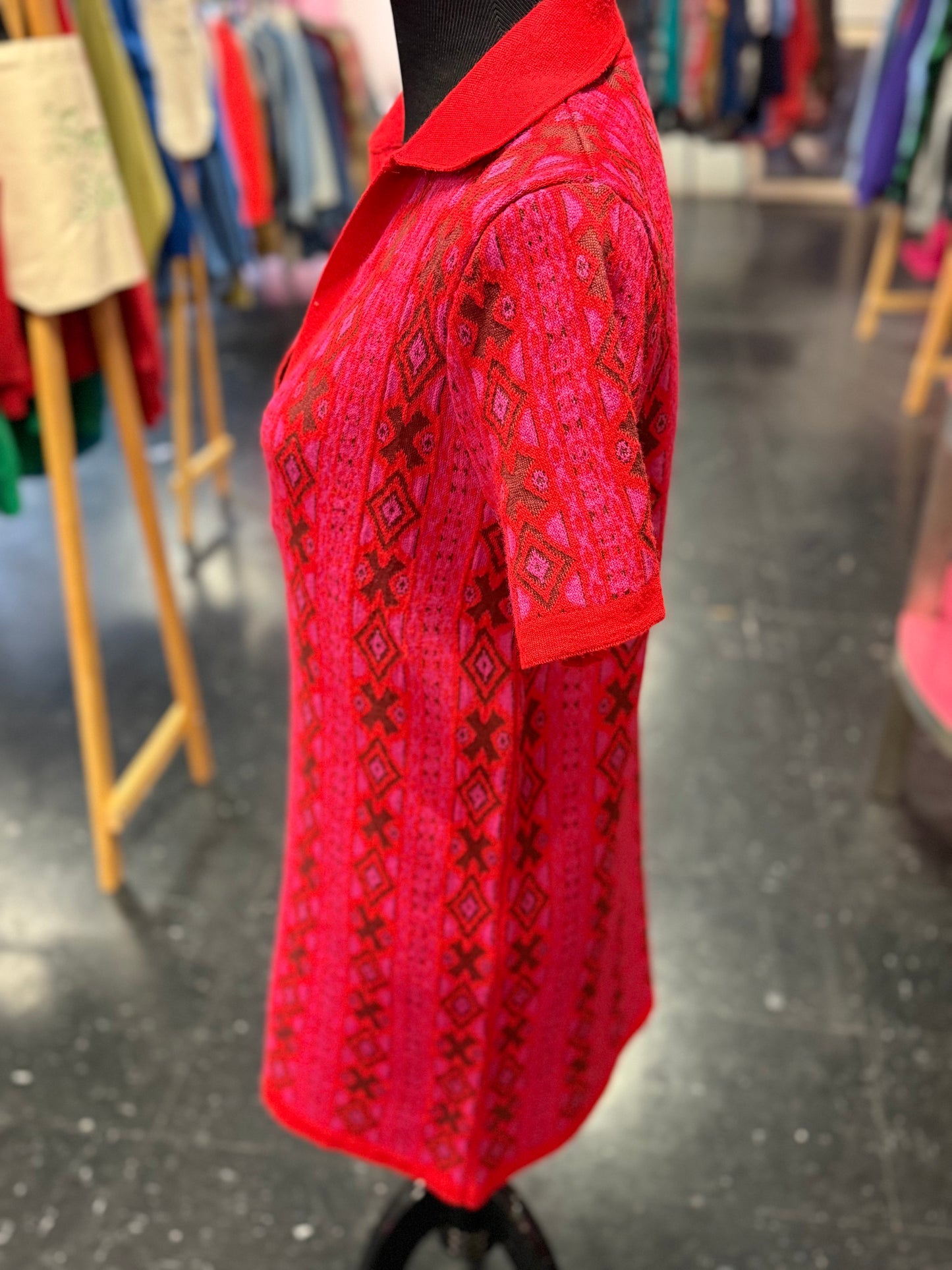 Mod Red + Brown Woven Wool Blend Geometric Short Sleeve Deep V Collared Pullover Dress Free People Small