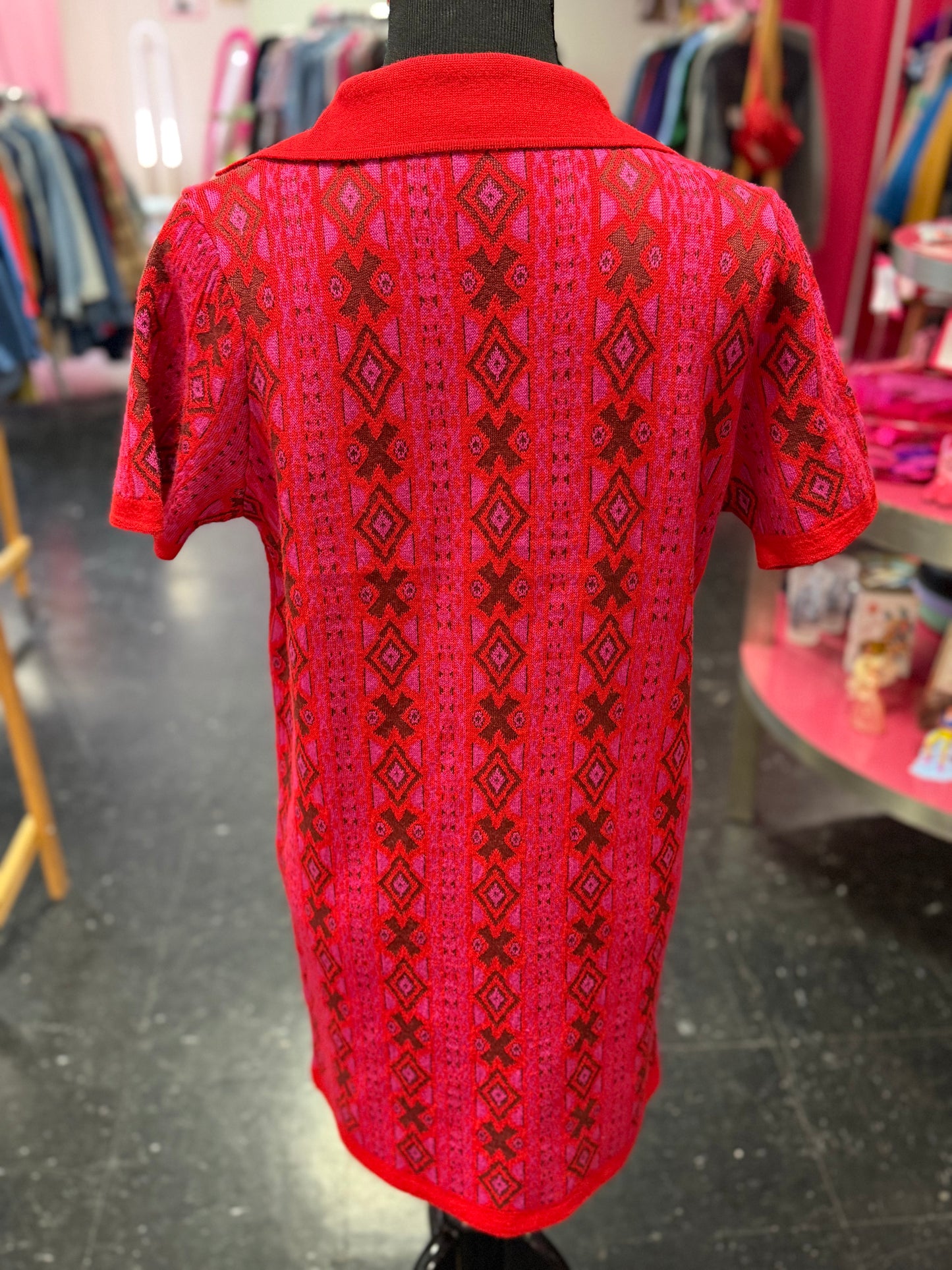 Mod Red + Brown Woven Wool Blend Geometric Short Sleeve Deep V Collared Pullover Dress Free People Small