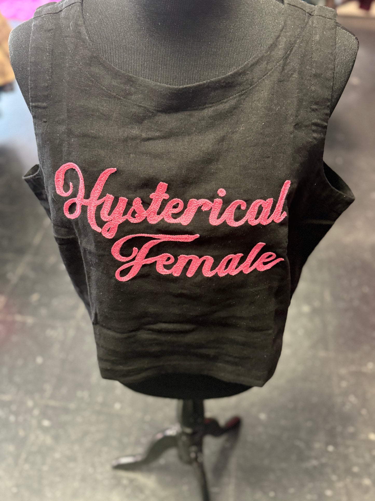 "Hysterical Female" Chainstitched Black Linen Crop Tank with Pink Lettering