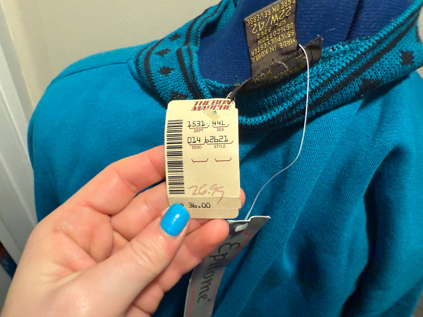 Deadstock with Tags "Good in Bed (napping)" Blue Half-Snap Collared Sweatshirt with Shoulder Pads