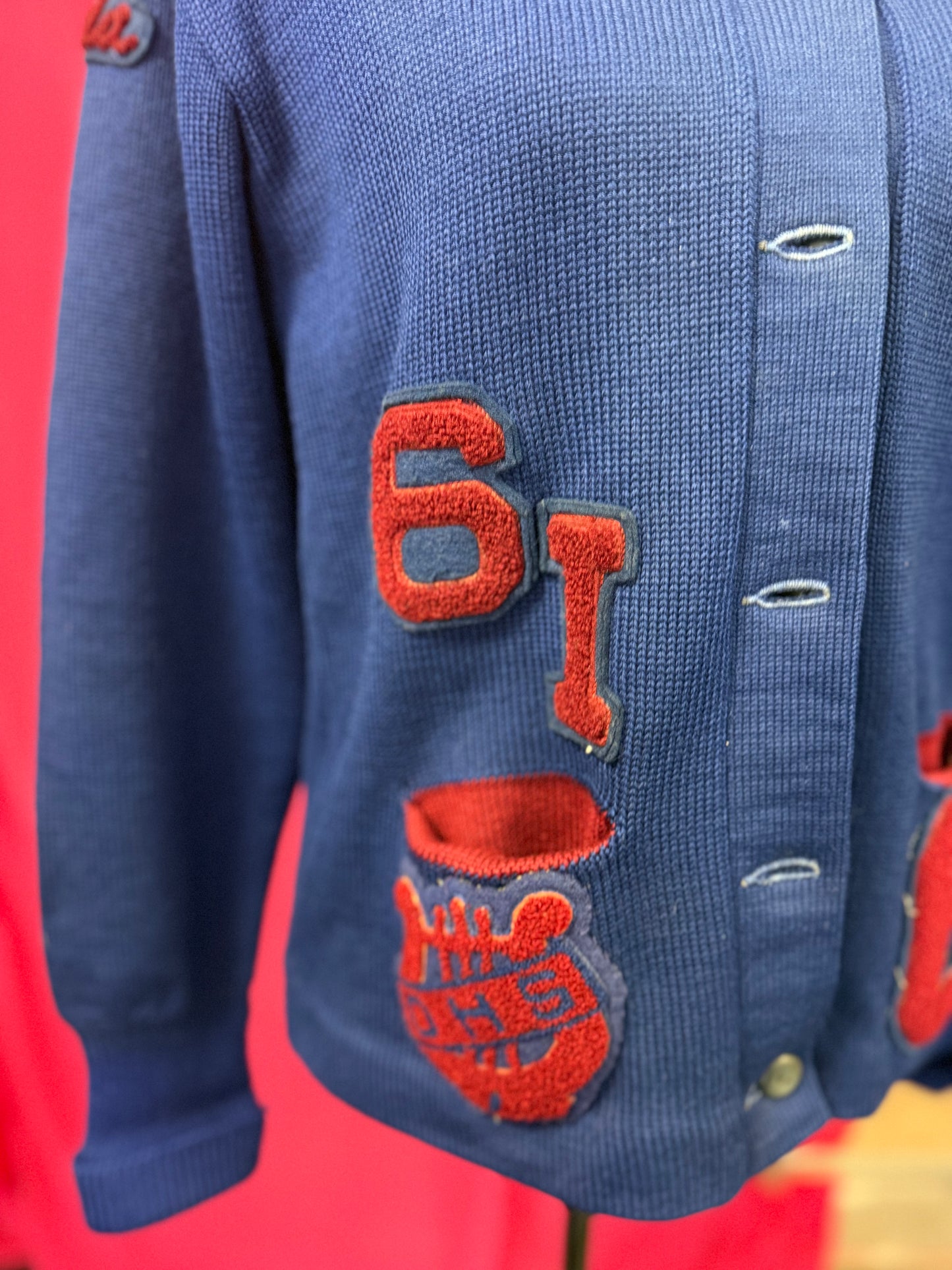 Vintage 1960s Blue + Maroon Wool Letterman Cardigan with Patches
