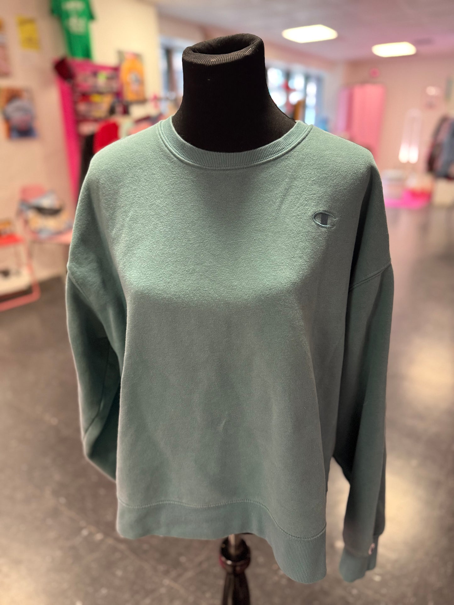 Light Green Blue Grey Chest Emblem Champion Long Sleeve Crewneck XL