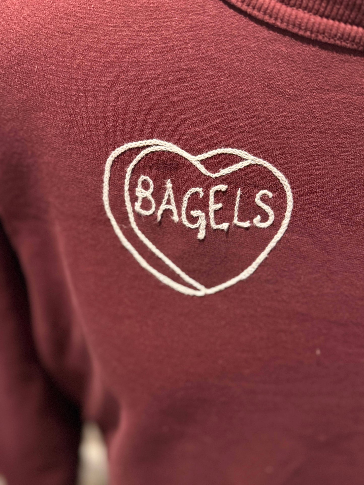 "Bagels" in Conversation Heart in Burgundy Crew