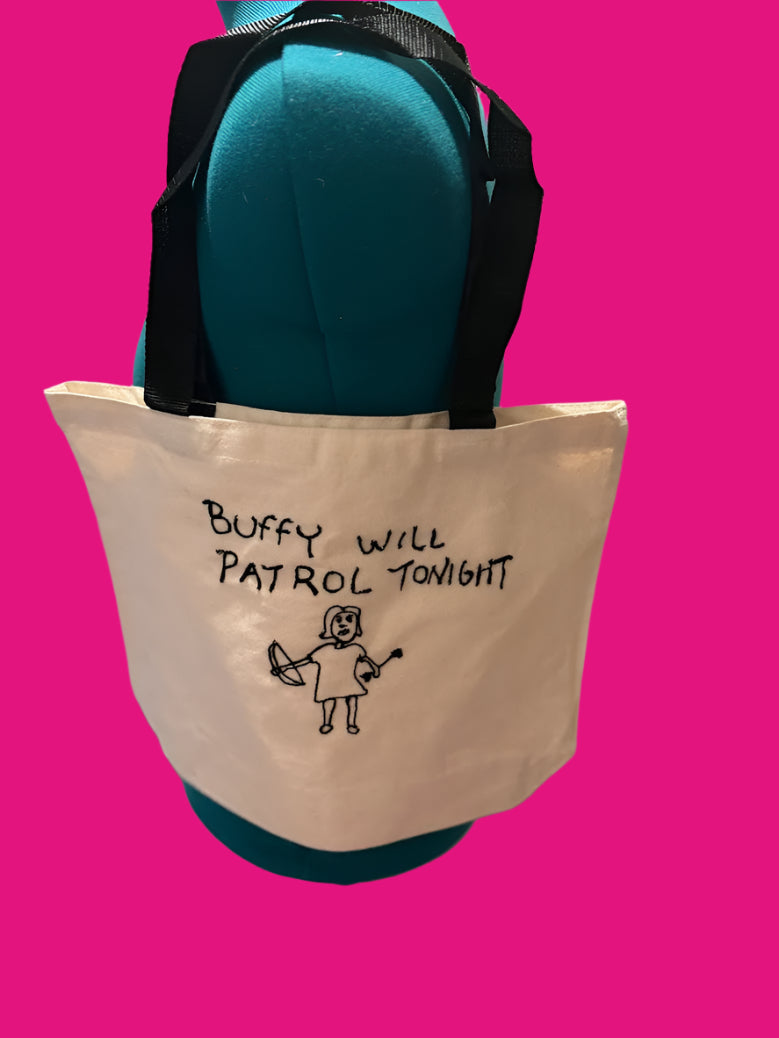 Buffy Will Patrol Tonight Beige Canvas Tote with Black Handles