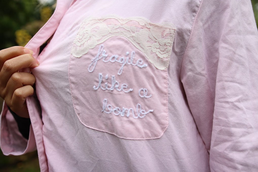 "Fragile Like a Bomb" Lace with Chest Pocket Button Down Collared Shirt