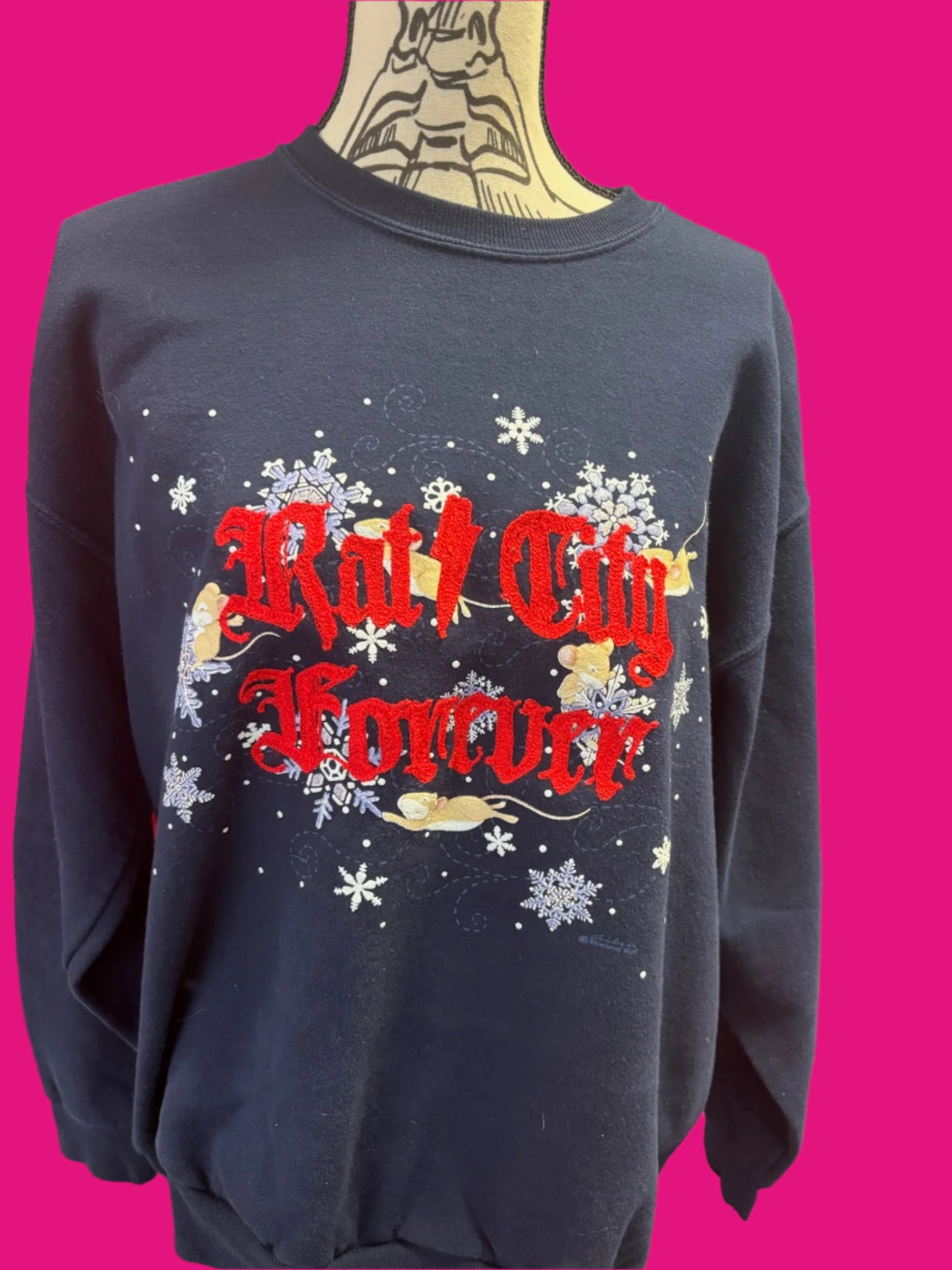 Vintage "Rat City Forever" Mice + Snowflakes Navy Crewneck		Womens XL