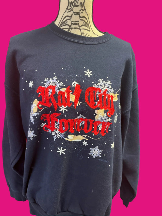 Vintage "Rat City Forever" Mice + Snowflakes Navy Crewneck		Womens XL