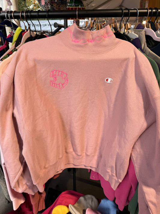 VTG Light Pink Mockneck Sweatshirt with Barbed Wire + Vampire Teeth Sweatshirt - XL