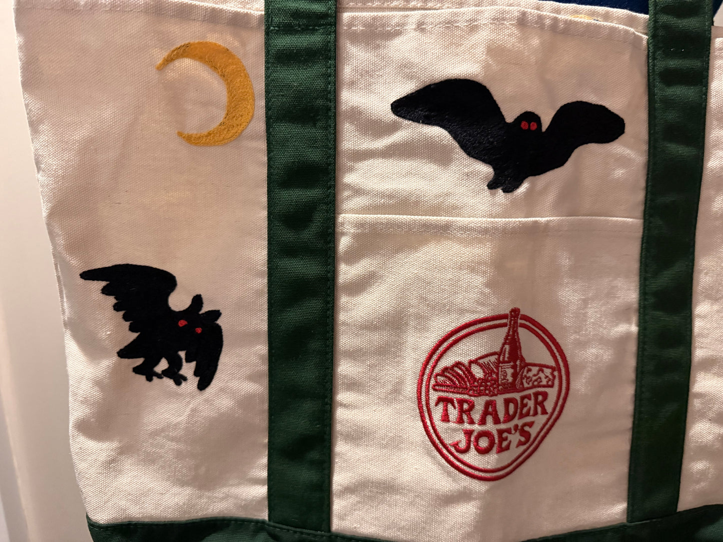 Mothman in the Woods Large Green + Beige Trader Joes Tote Bag