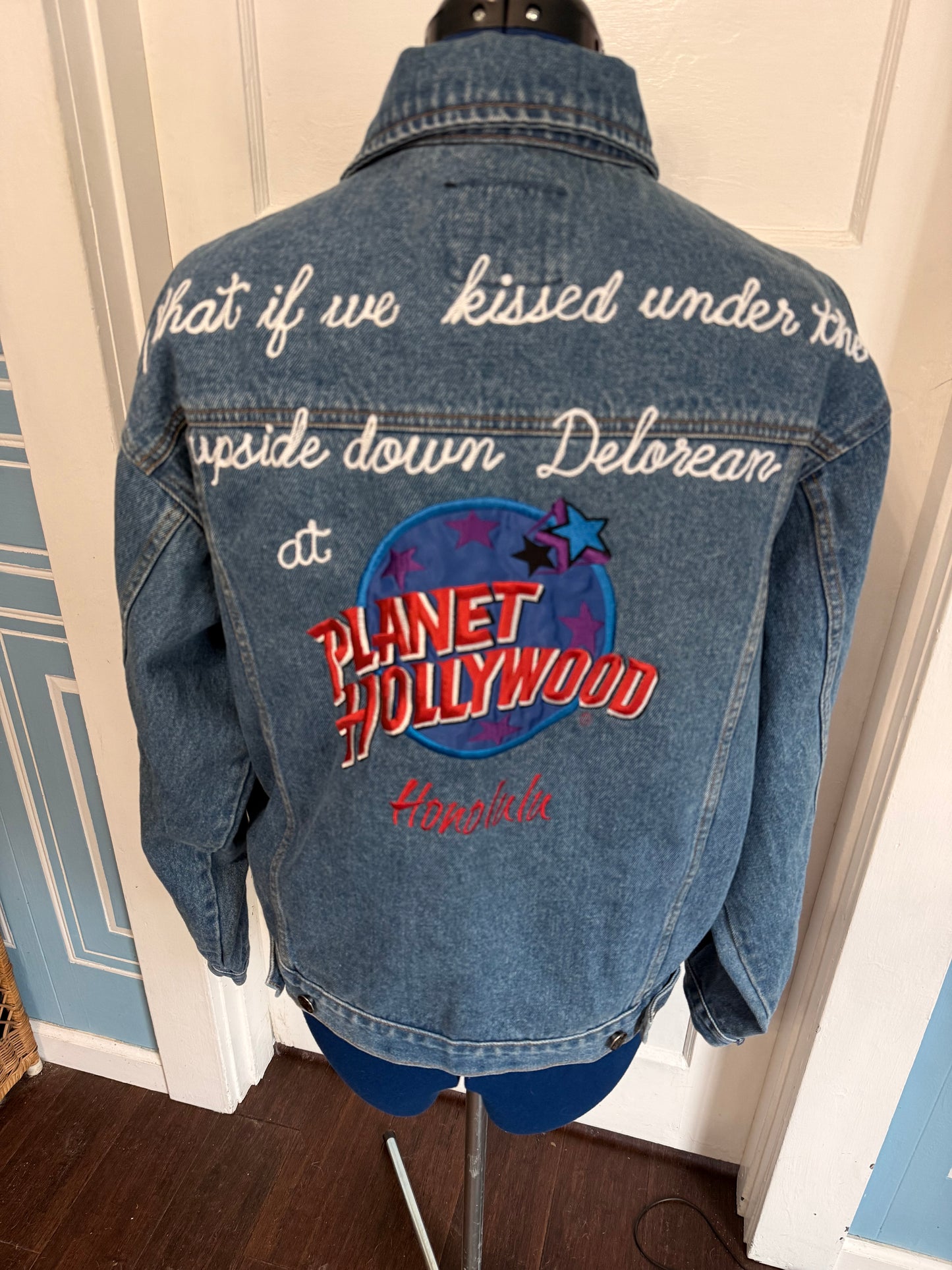 "What If We Kissed Under the Upside Down Delorean at Planet Hollywood Honolulu" Vintage Denim Jacket