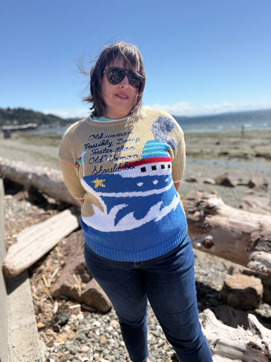 Sea Hag Note Vintage Ferry S/S Woven Sweater Top - MD