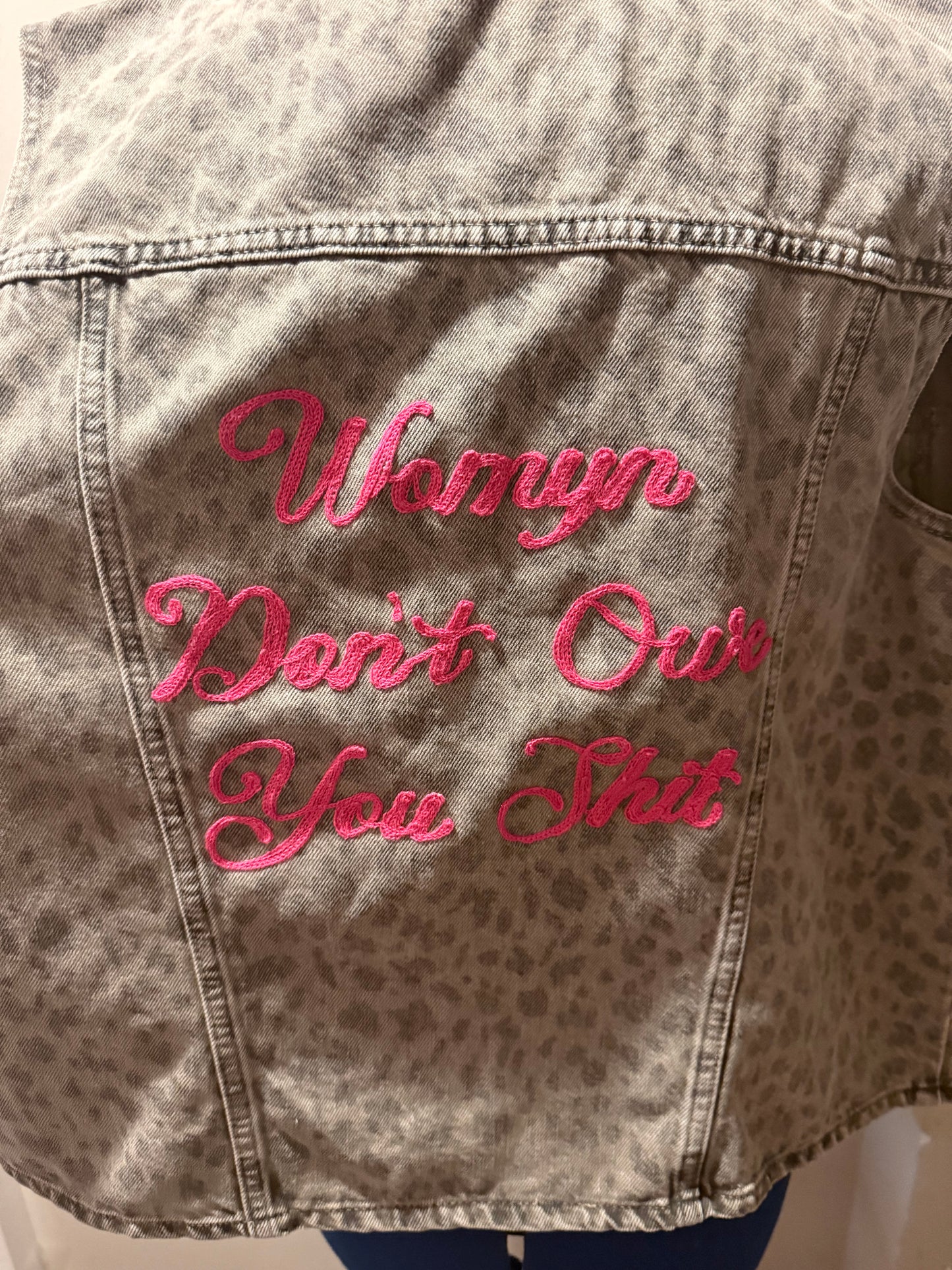 Womyn Don't Owe You Shit Animal Print Denim Vest - XL