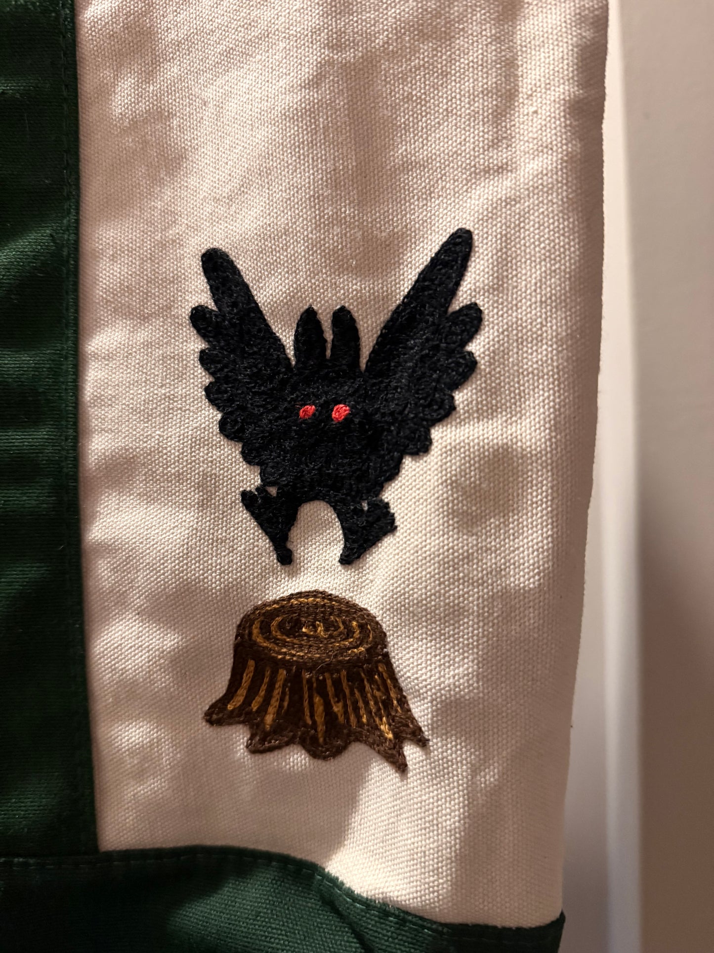 Mothman in the Woods Large Green + Beige Trader Joes Tote Bag