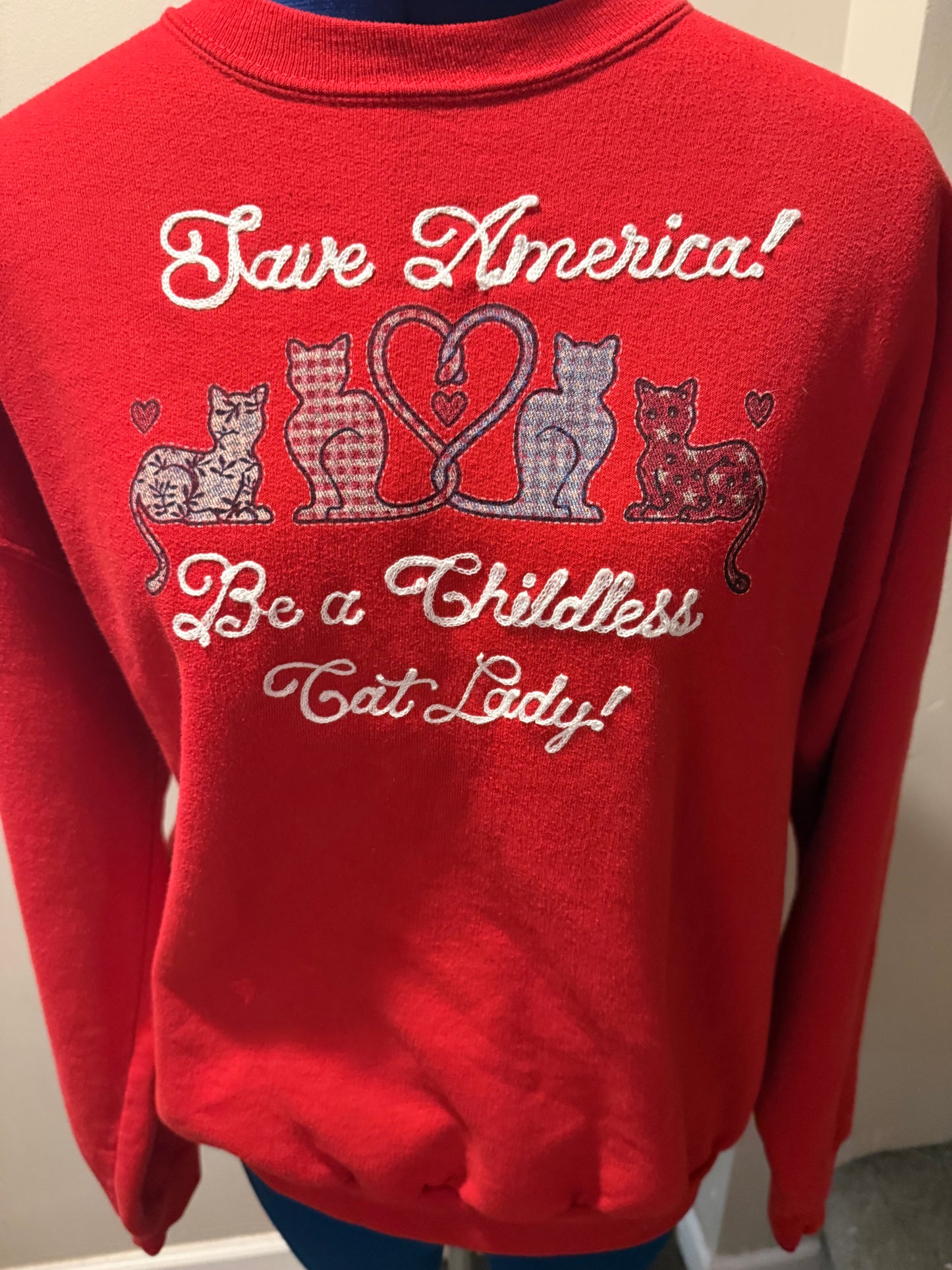 Save America! Be a Childless Cat Lady! Vintage Red Crewneck - LG