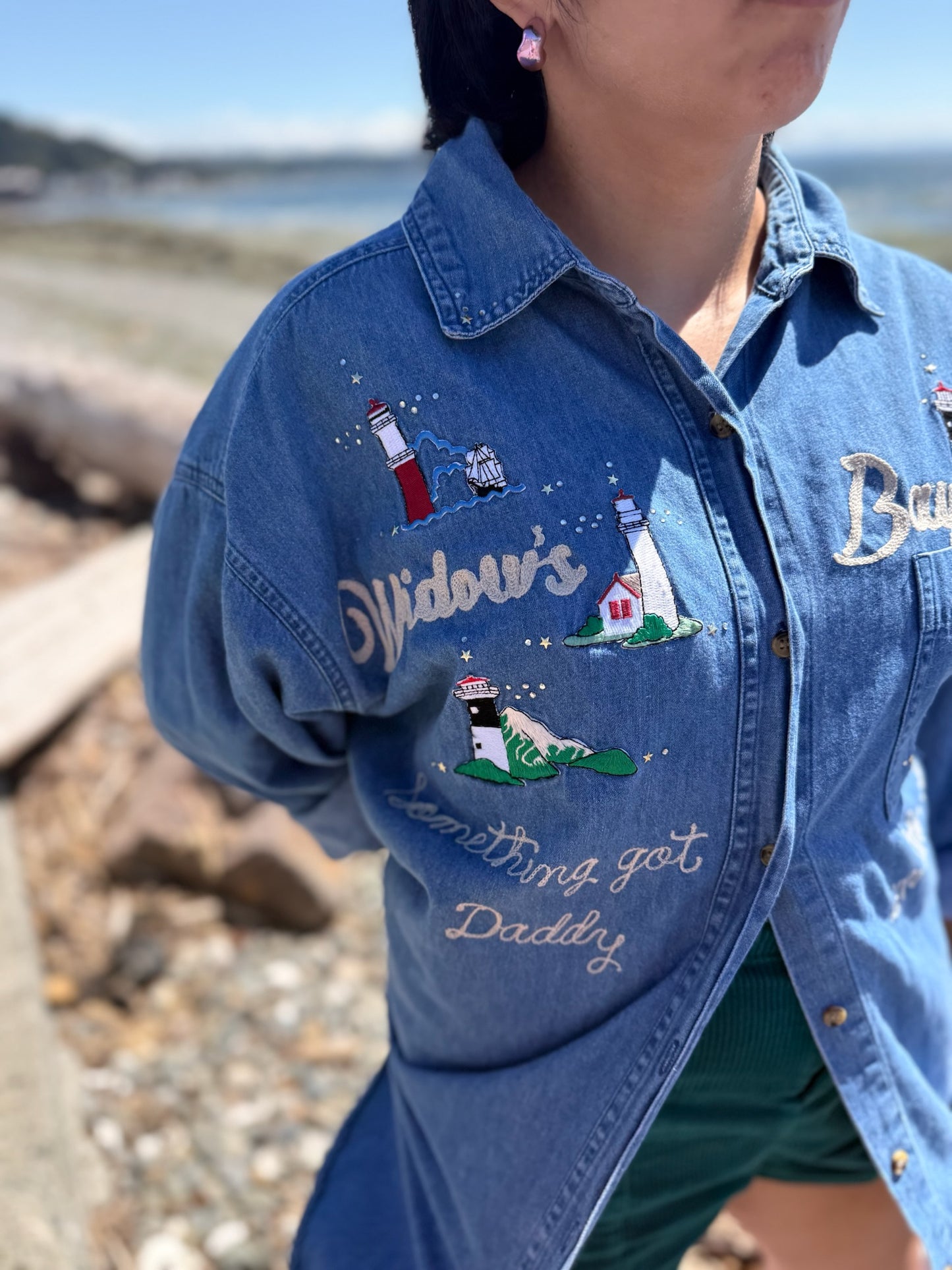 Something Got Daddy in the Lake VTG Denim Lighthouse Button-Down L/S Shirt - LG