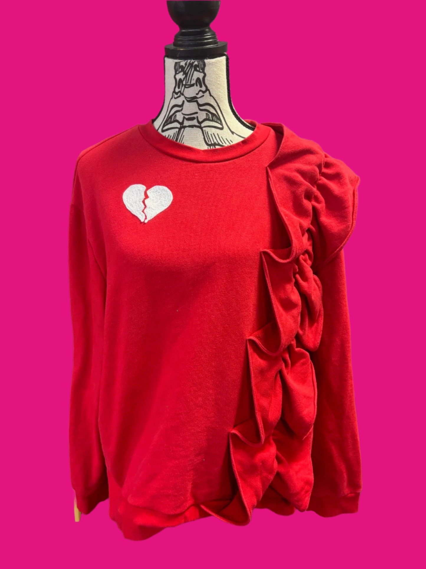 Broken Hearted Frill Shoulder Red Crew