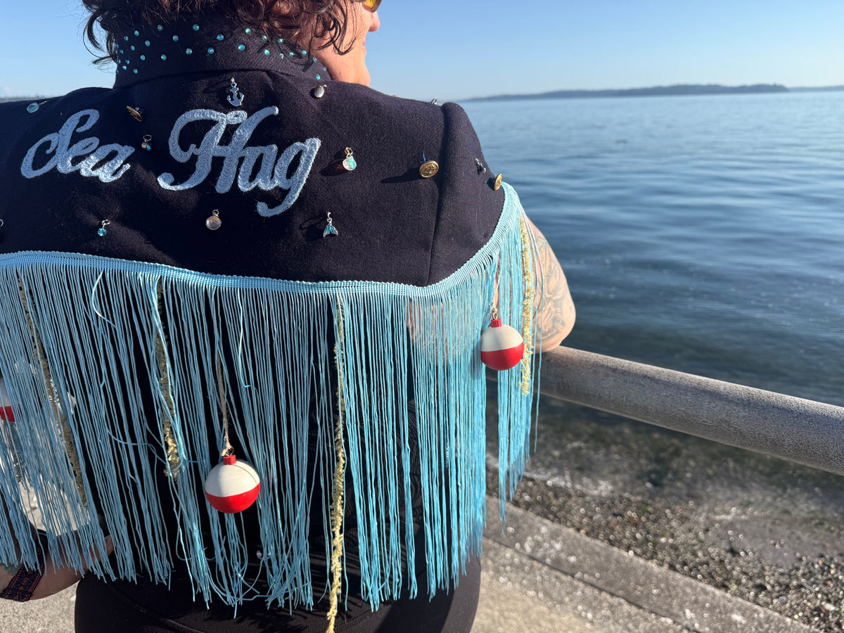 Sea Hag Disco Cape with Rhinestones, Fringe Trim, Seaweed + Bobbers