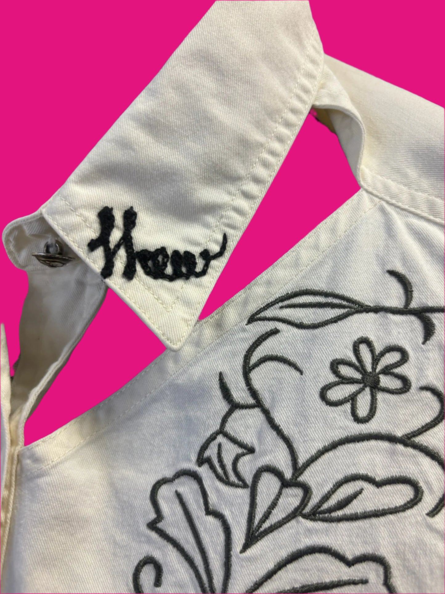 Vintage "She Haw" White + Black Pearl Snap with Cutouts on Collar