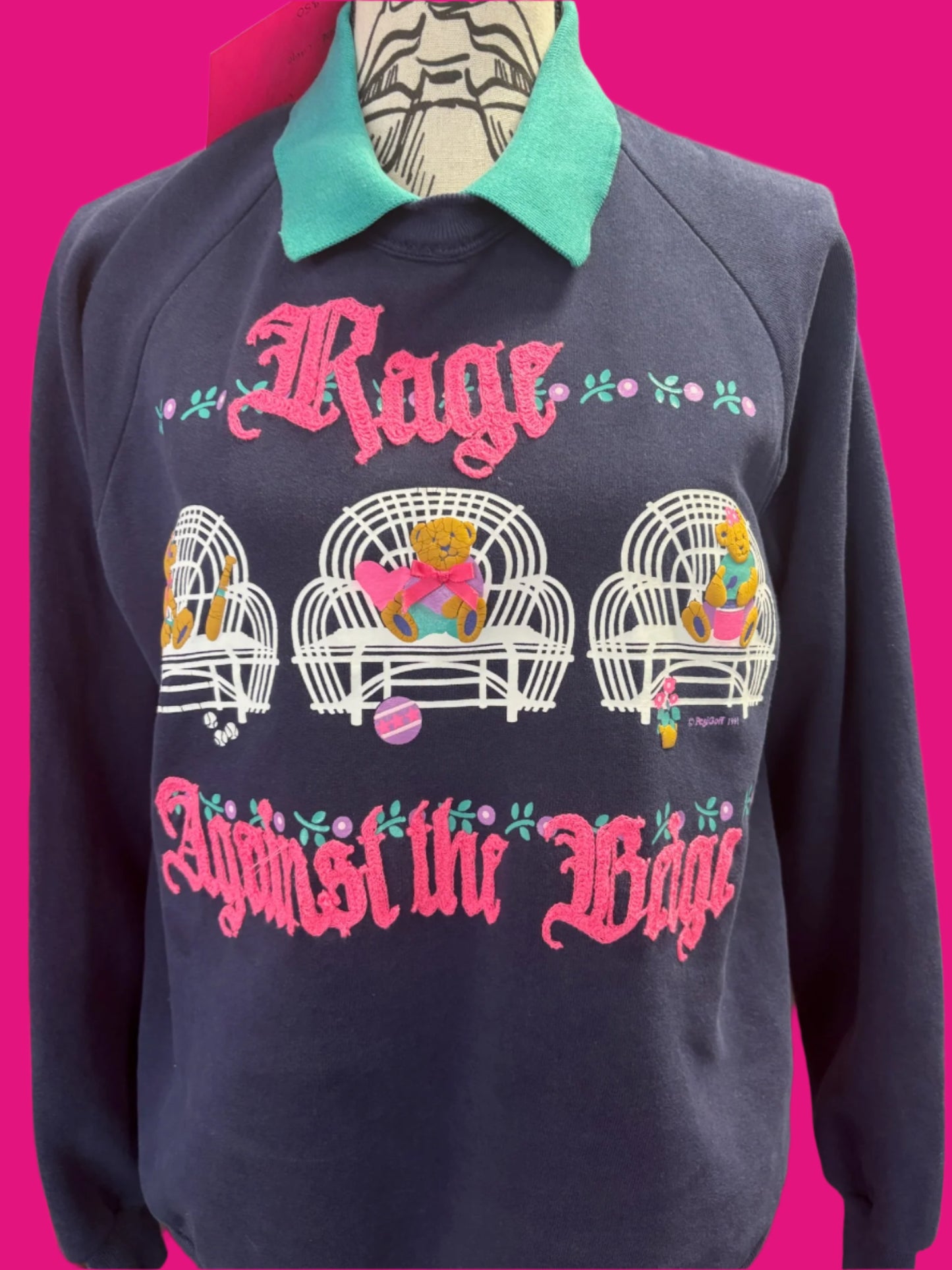 Vintage "Rage Against the Beige" Navy + Pink Bears Collared Crewneck