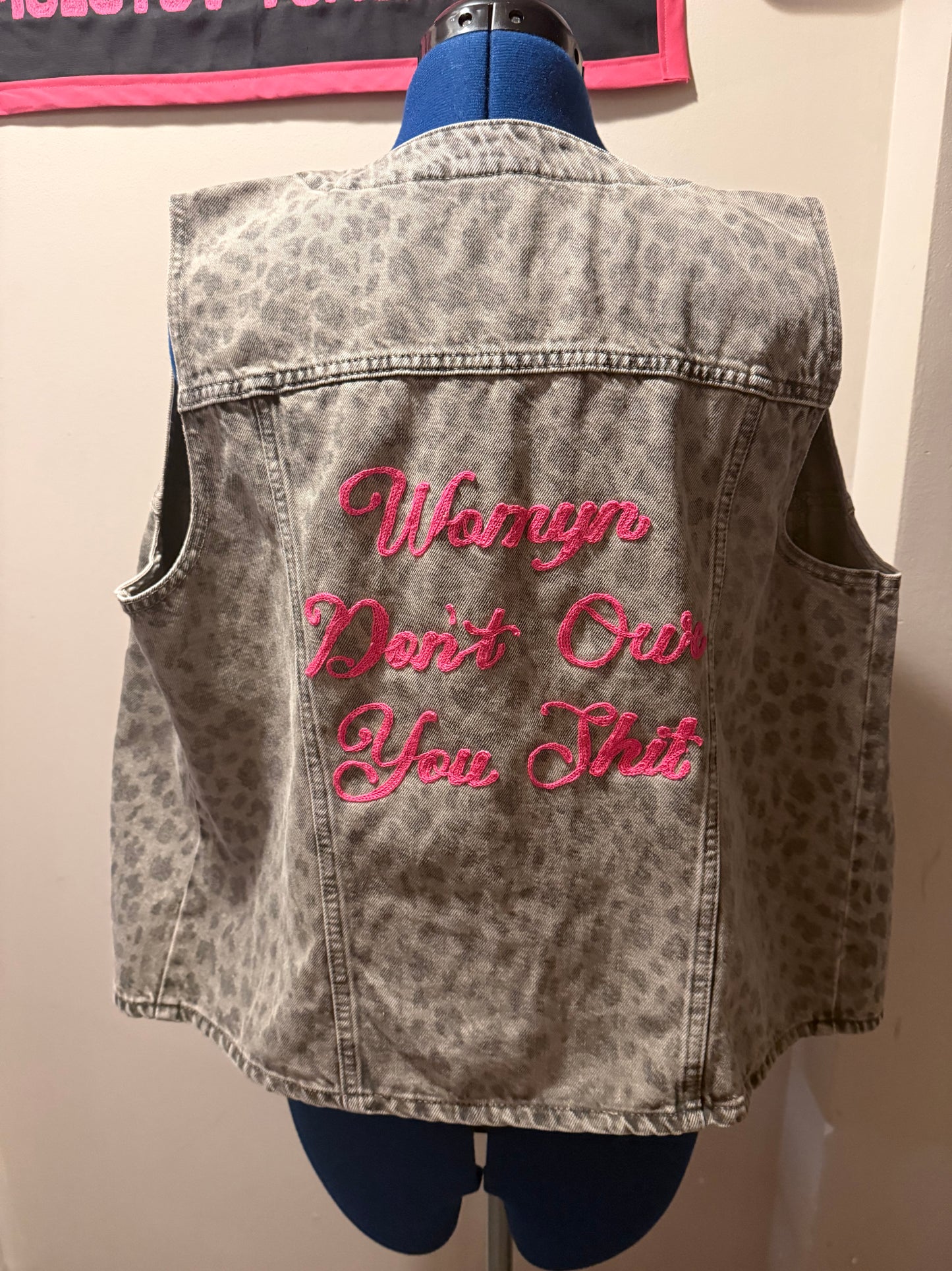 Womyn Don't Owe You Shit Animal Print Denim Vest - XL