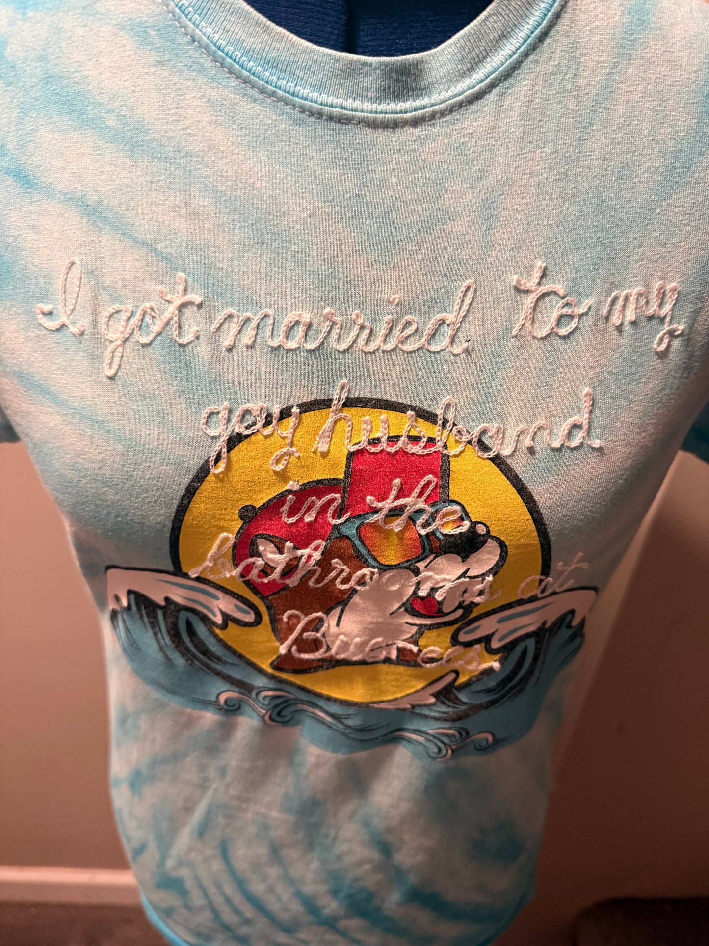 I got married to my gay husband in the bathrooms at Buc-ees Blue Tie-Dye Printed Tee - SM