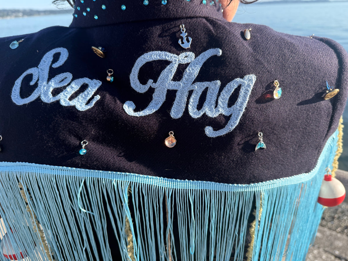 Sea Hag Disco Cape with Rhinestones, Fringe Trim, Seaweed + Bobbers