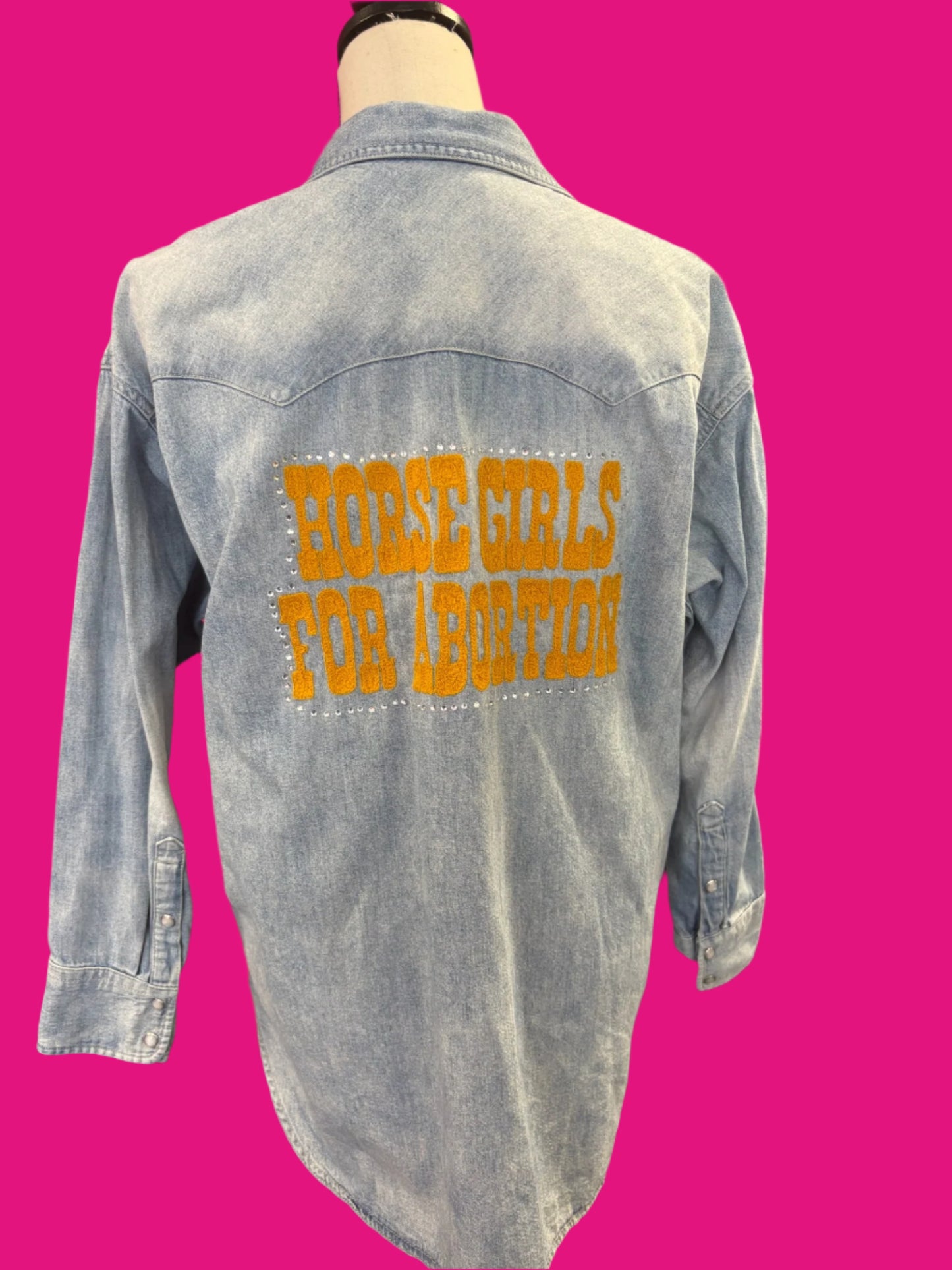 "Horse Girls for Abortion" in Denim with Rhinestones + Cowboy Boot