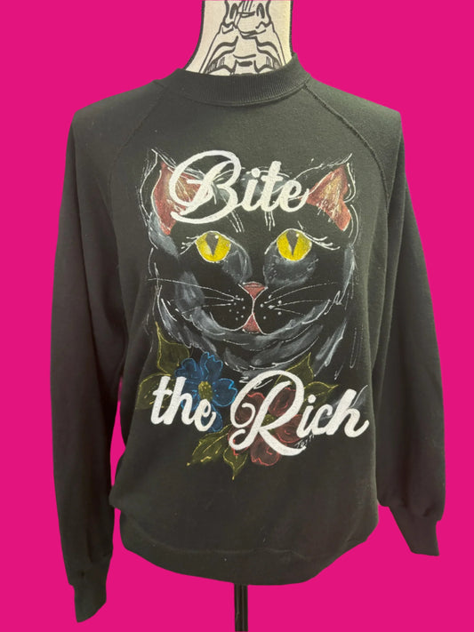 Vintage "Bite the Rich" Cat Puff Pain Black Crewneck
