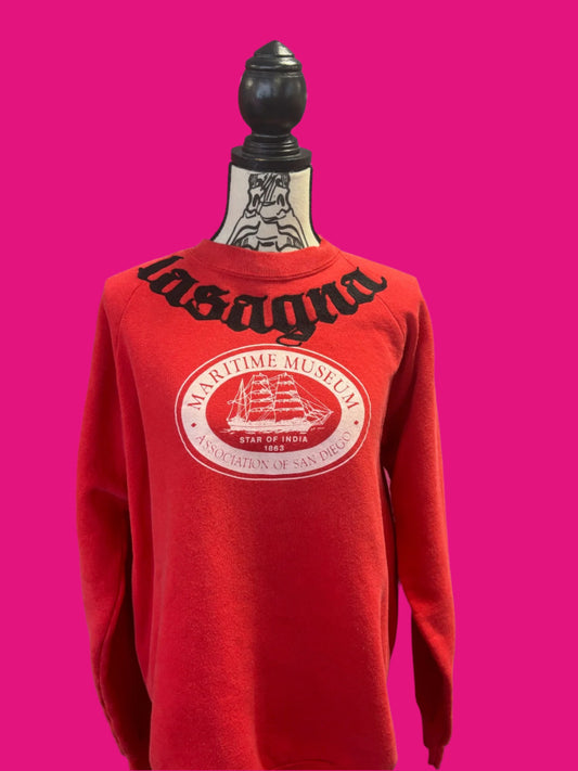 Vintage "lasagna" in Gothic Script on San Diego Maritime Museum Crew