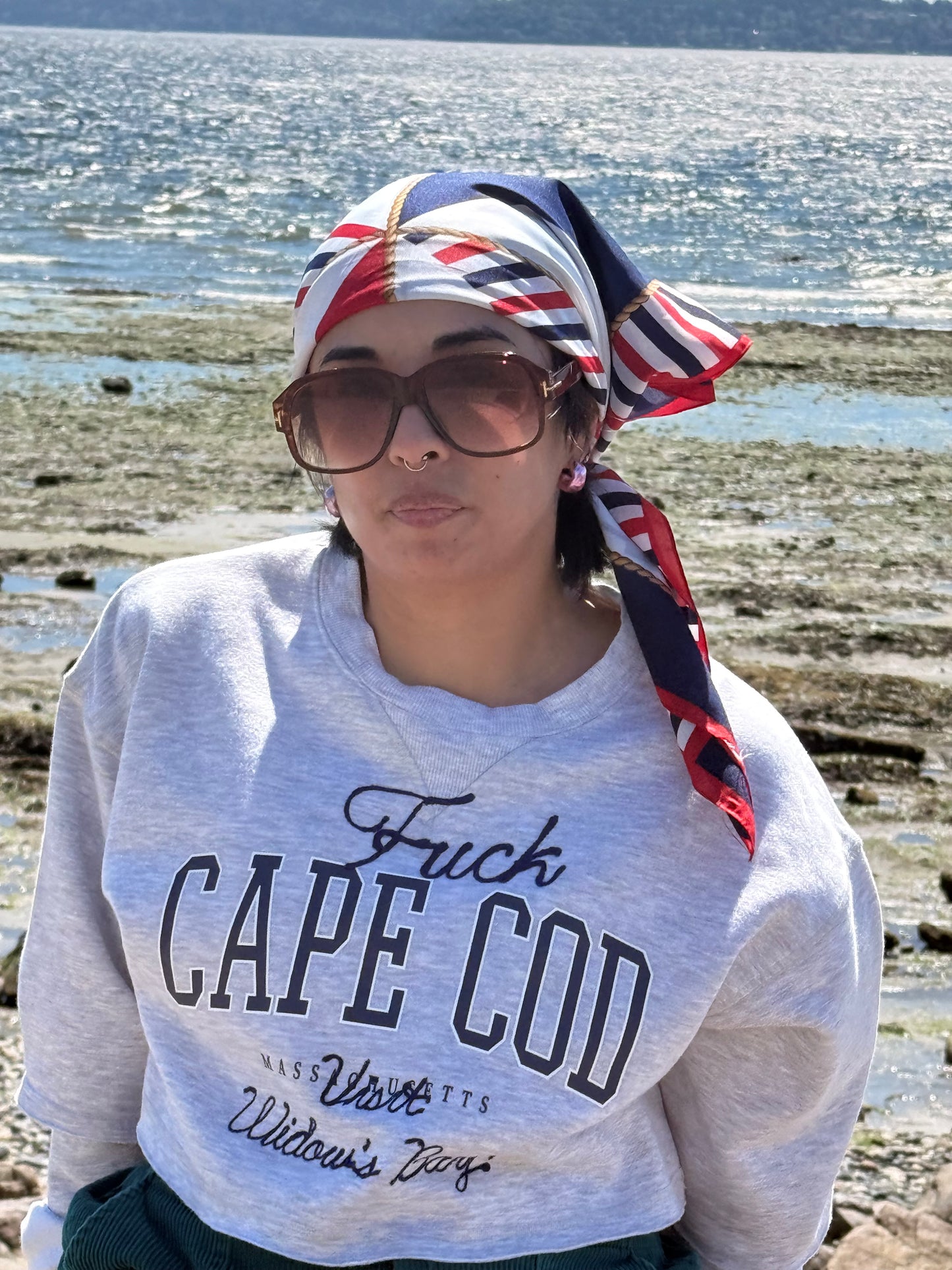 F*ck Cape Cod! Visit Widow's Bay! Gray Crewneck Crop Sweatshirt - LG