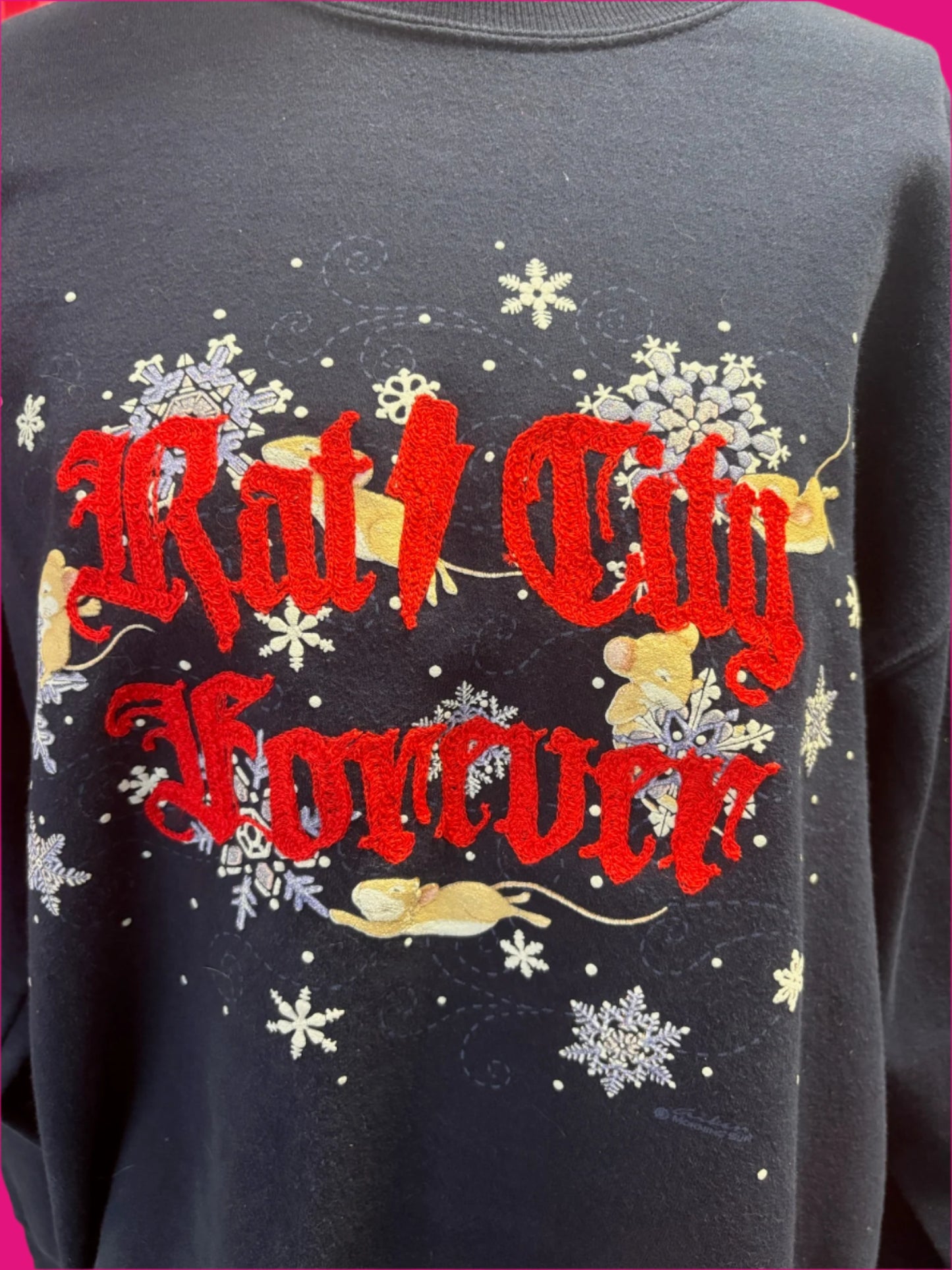 Vintage "Rat City Forever" Mice + Snowflakes Navy Crewneck		Womens XL