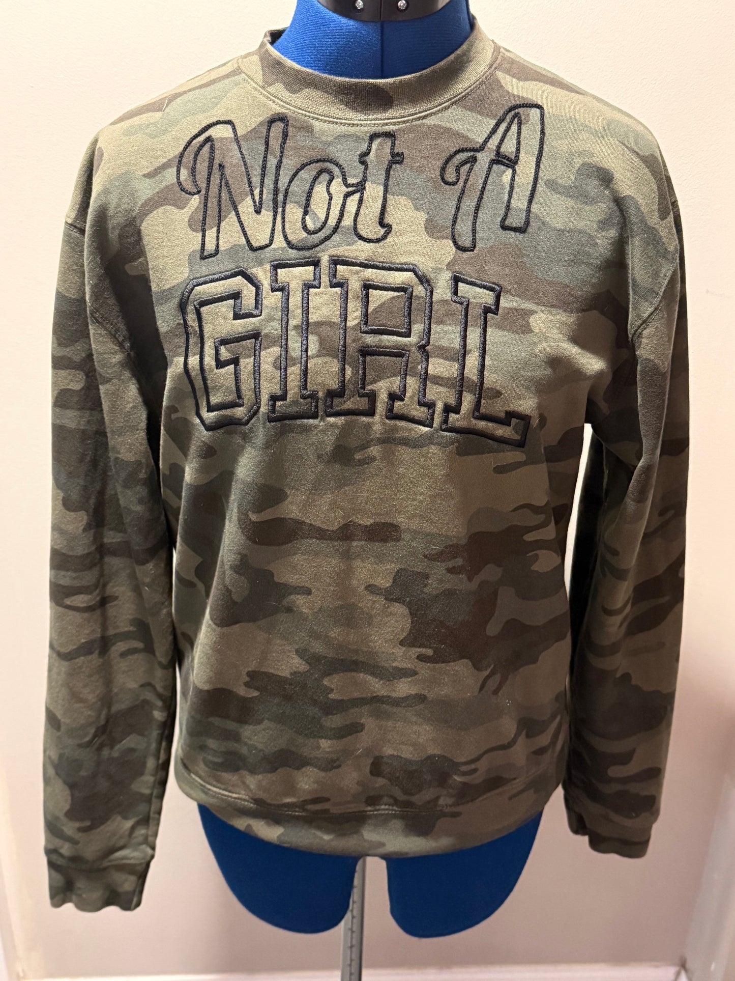 Not a Girl Camo Green Varsity L/S Pullover Sweatshirt