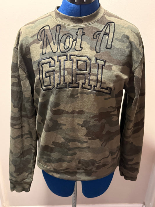 Not a Girl Camo Green Varsity L/S Pullover Sweatshirt