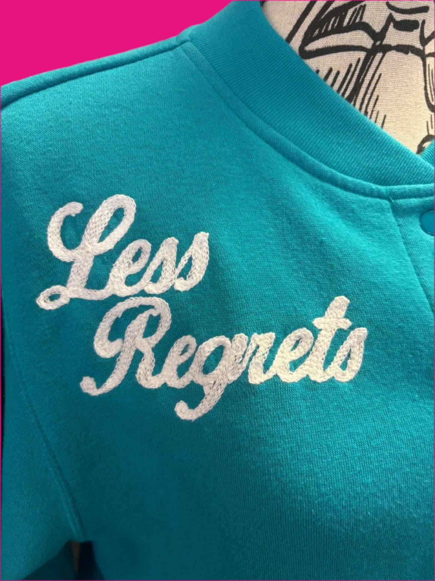 "Less Regrets, More Baguettes" Snap Up Teal Vintage Jacket