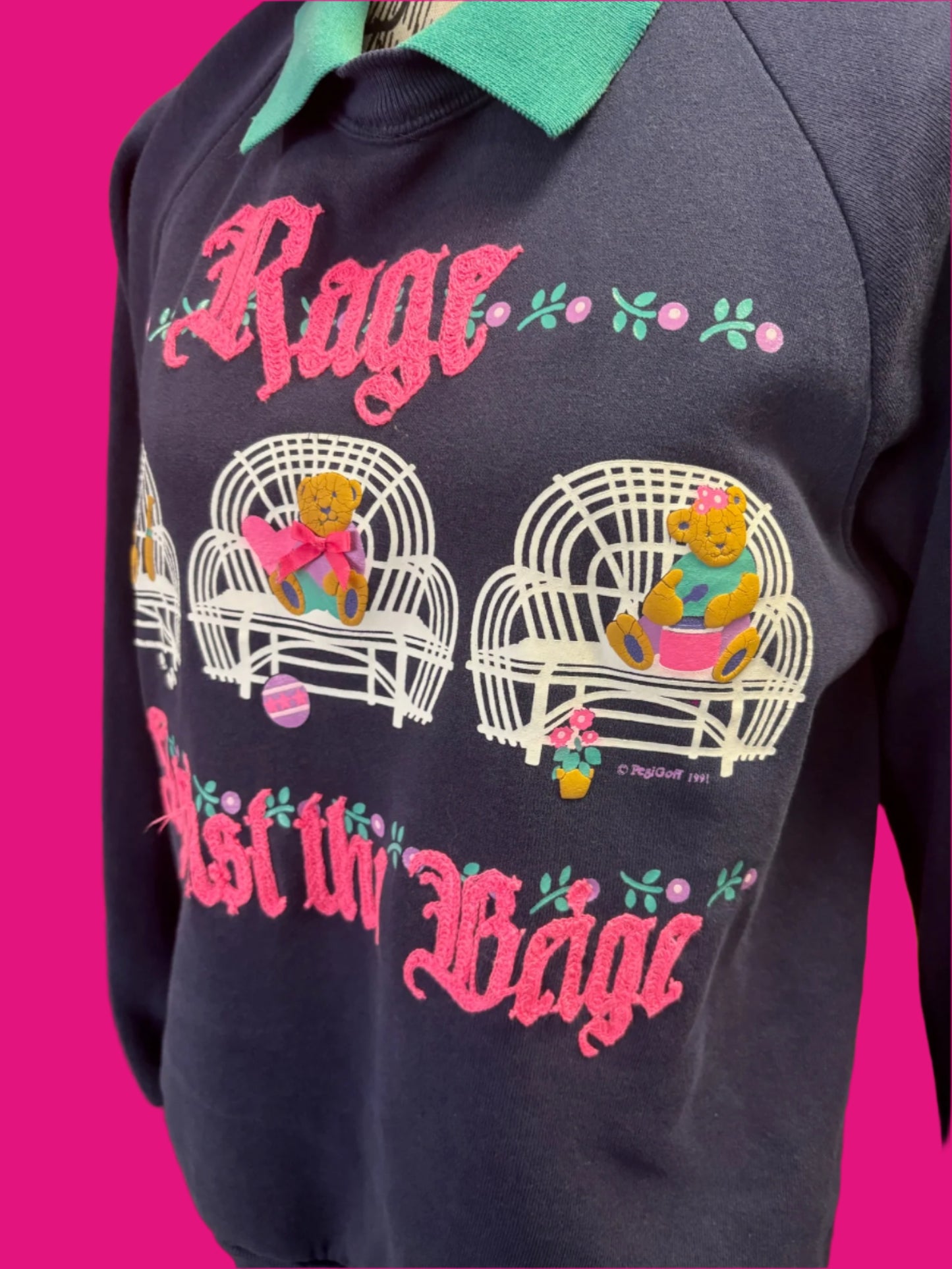 Vintage "Rage Against the Beige" Navy + Pink Bears Collared Crewneck