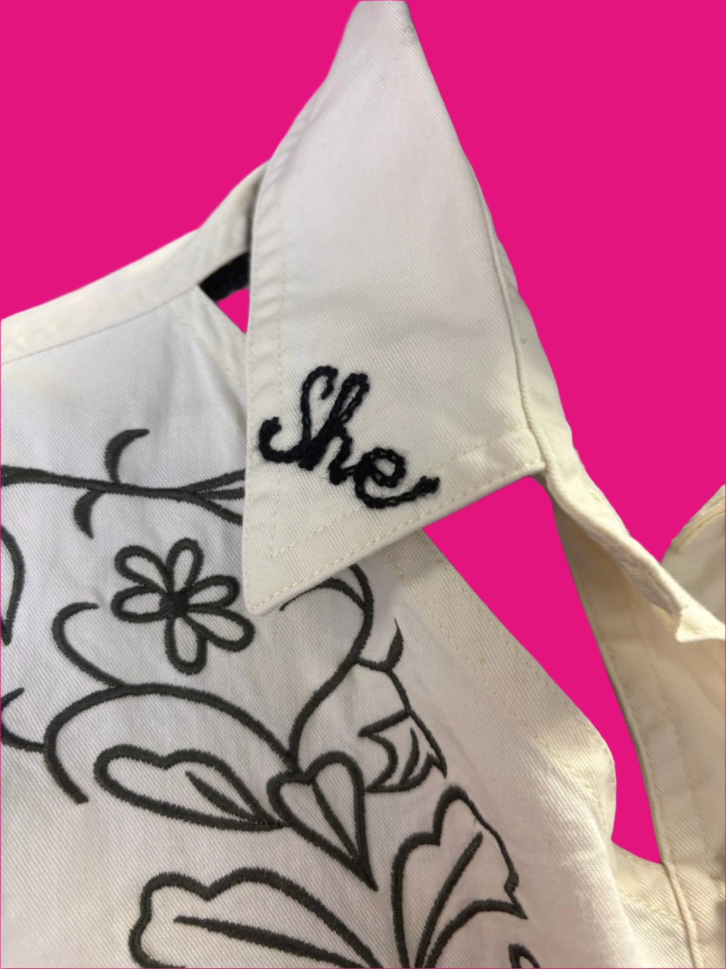 Vintage "She Haw" White + Black Pearl Snap with Cutouts on Collar