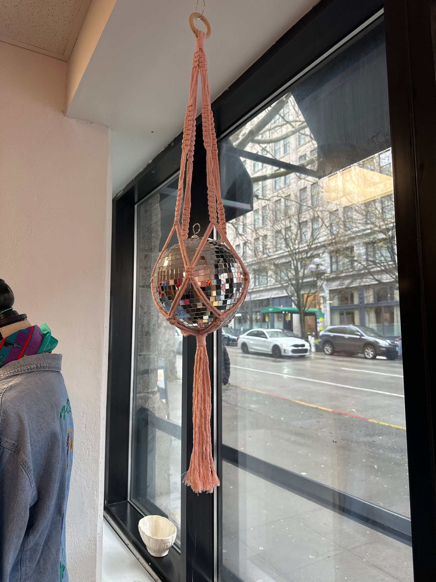 Pink Large Macrame Disco Ball Holder