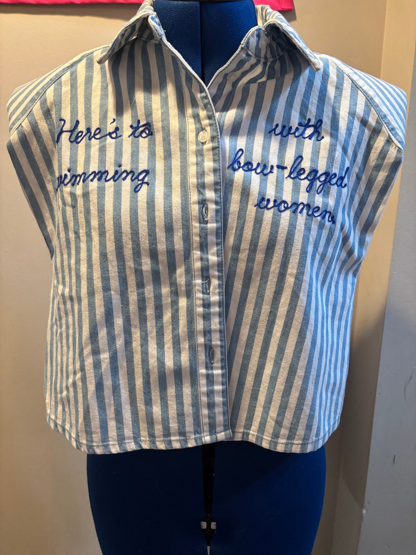 Fourth of Jaws Blue + White Striped Crop Sleeveless Top - S