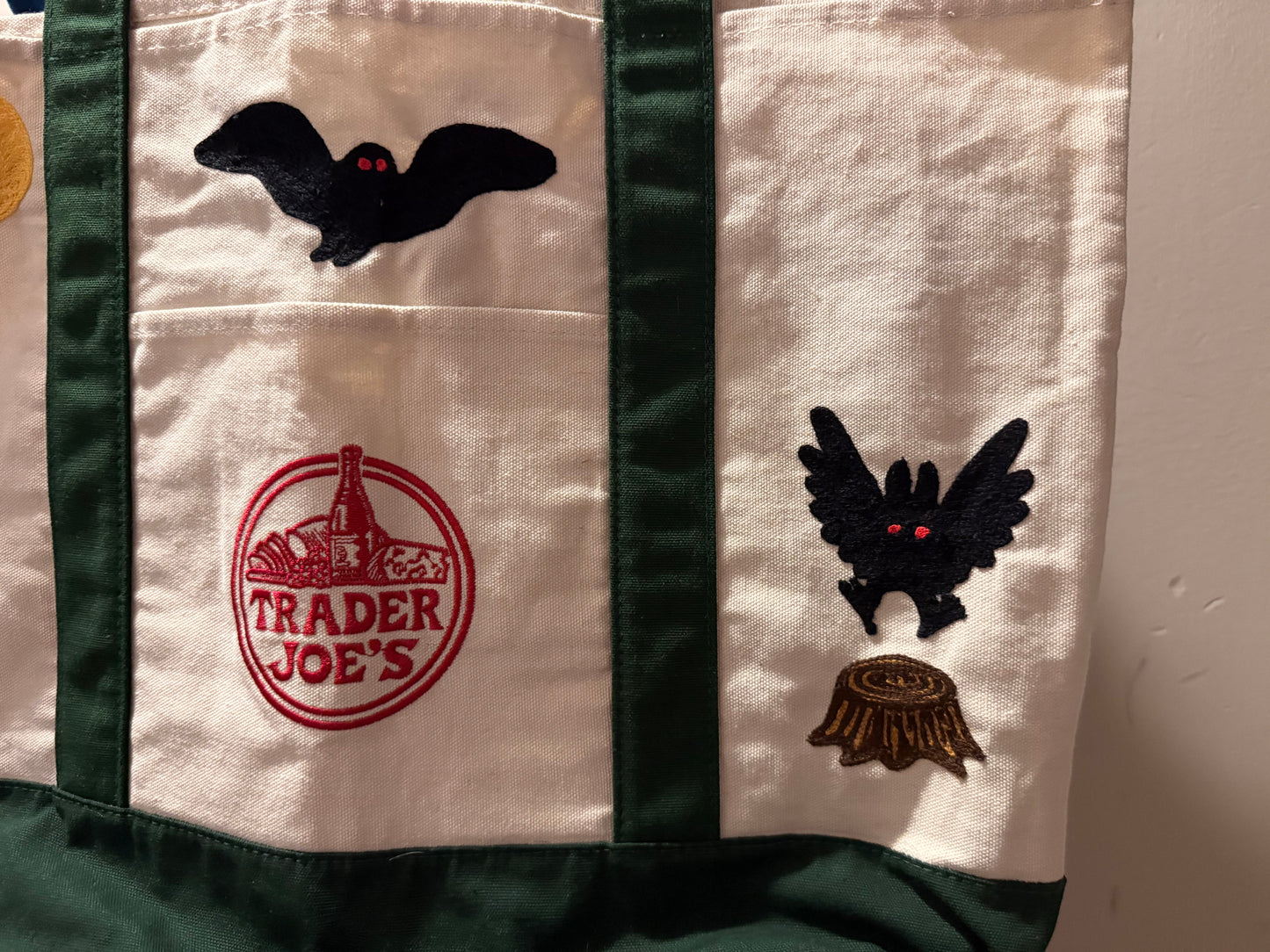 Mothman in the Woods Large Green + Beige Trader Joes Tote Bag